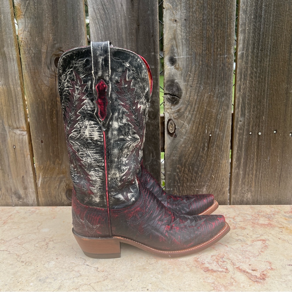 Lucchese 1883 Black Cherry Lizard Snip Toe Cowboy Boots Women’s 8b